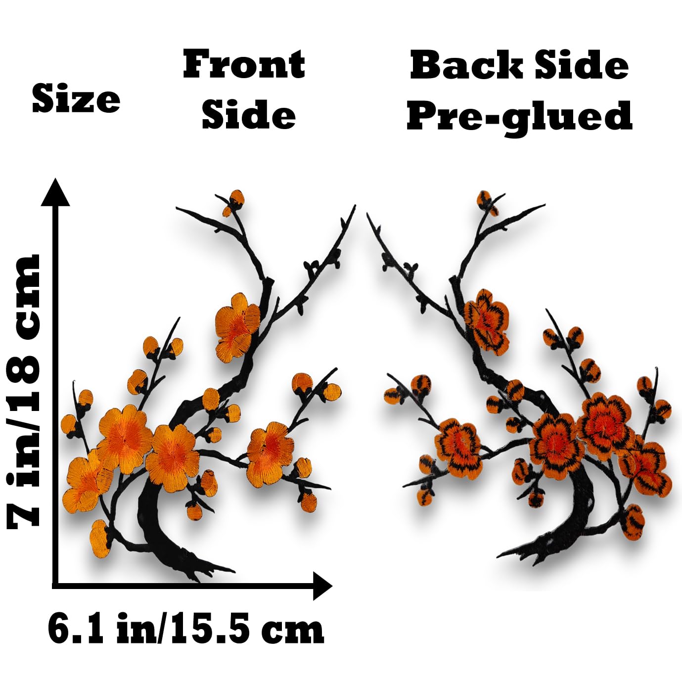 S.A.V.I 3D Yellow-Orange Cherry Blossom Embroidered Iron-On Patch for Clothes, Bags & Jackets | Floral Applique 7x6.1 inch | Pre-Glued Heat Press DIY Craft Decoration – Tree Branch Design