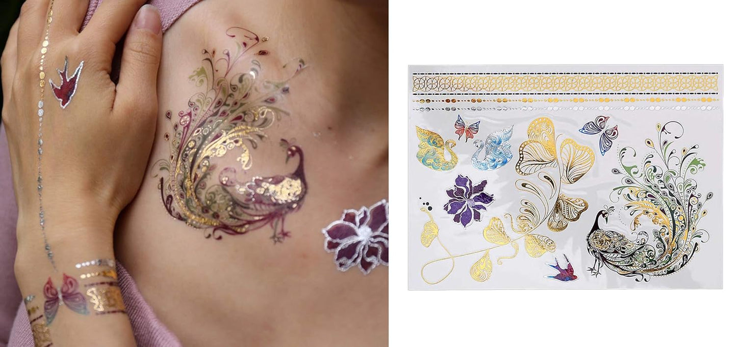 S.A.V.I 3D Temporary Tattoo Golden And Silver Metallic Sticker Colourful Butterflies Swans Peacock Design Size 21x15CM - 1PC. (119)