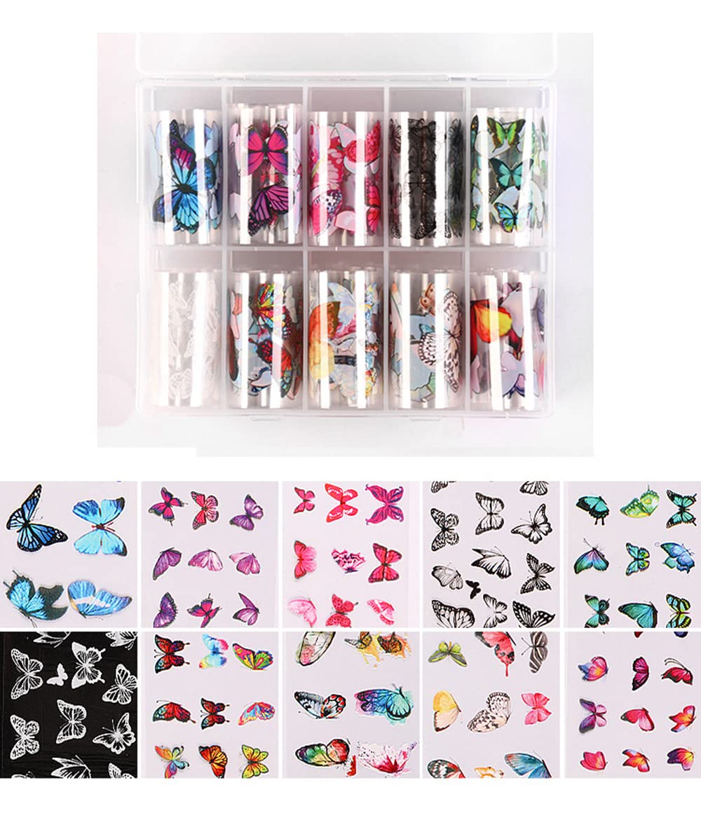 S.A.V.I 10 Rolls Nail Foil Transfer Sticker DIY Holographic Nail Decoration, 10 Butterfly Designs, 4x50CM each roll