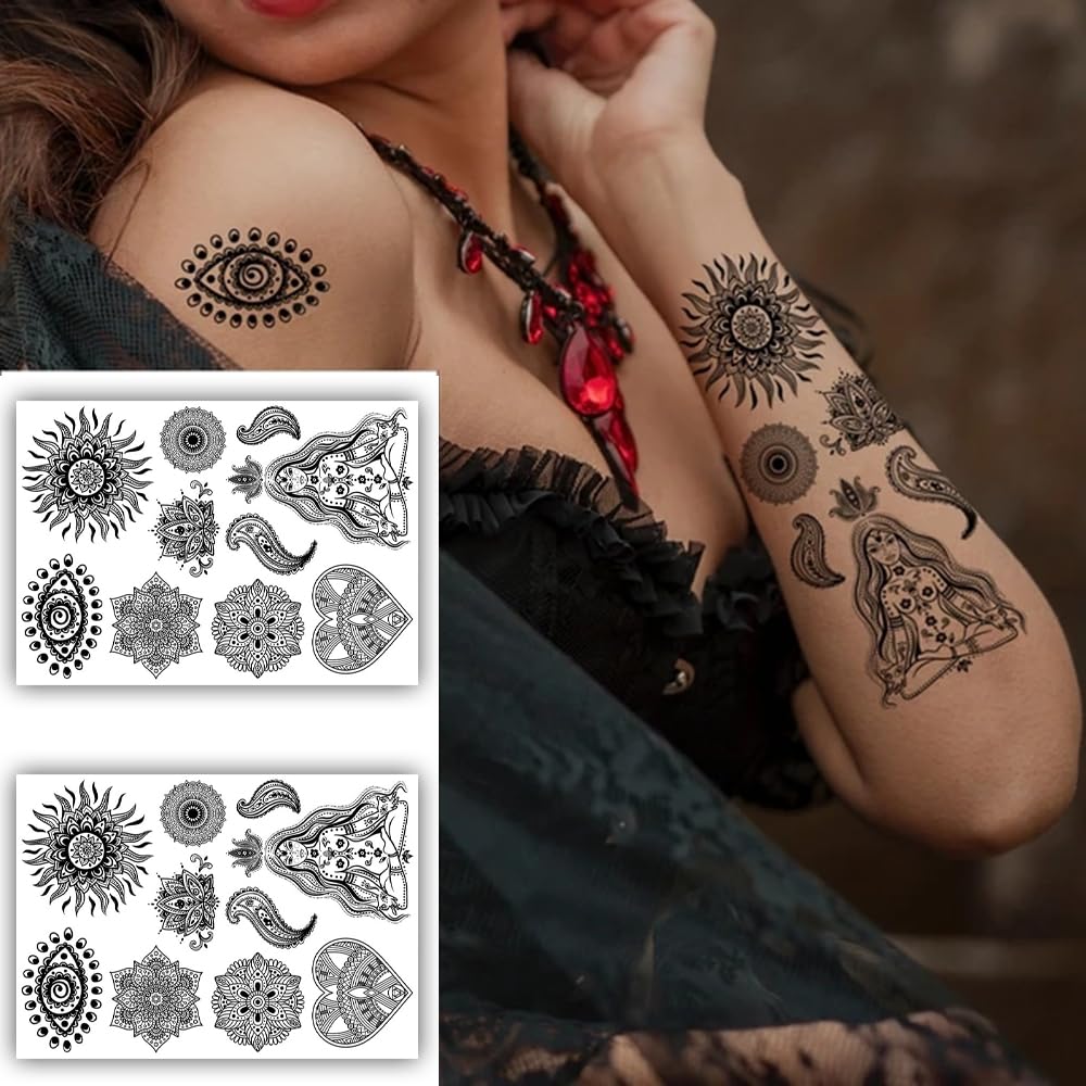 S.A.V.I 2 Sheets, Temporary Tattoo Stickers for Women - Black, Mandala Geometric Designs, 21x15 cm, Ideal for Arms Body