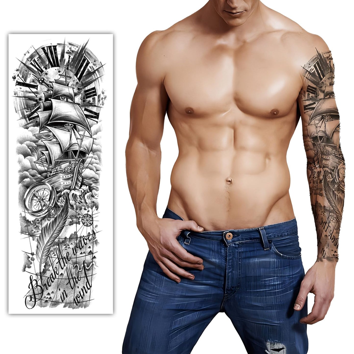 S.A.V.I Sail Boat Clock Full Arm Temporary Tattoo - Men and Women - 48x17cm