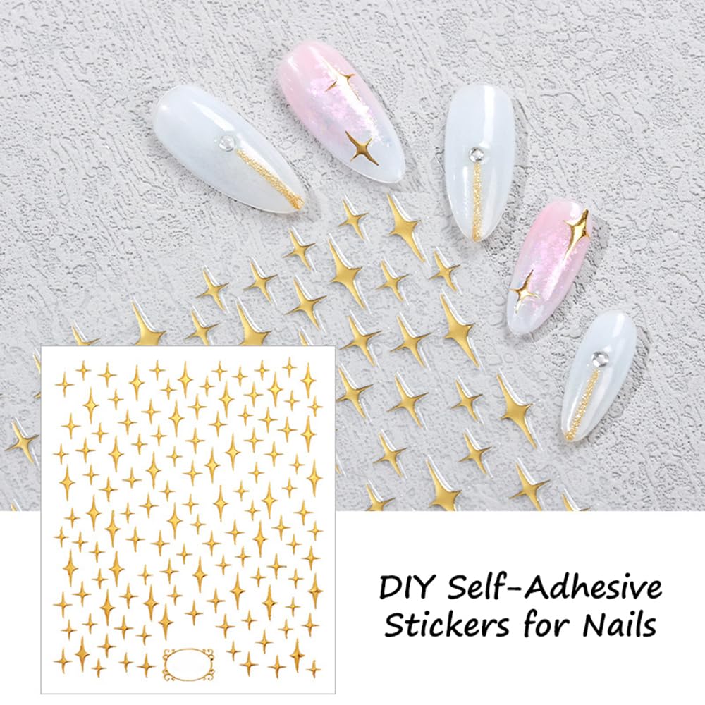S.A.V.I 3D Self-Adhesive Nail Art Stickers – 4 Sheets Gold Bow, Star & Floral Designs – Long-Lasting Peel & Stick Decals for Women, DIY Manicure, Acrylic & Gel Nail Decoration, Easy to Apply