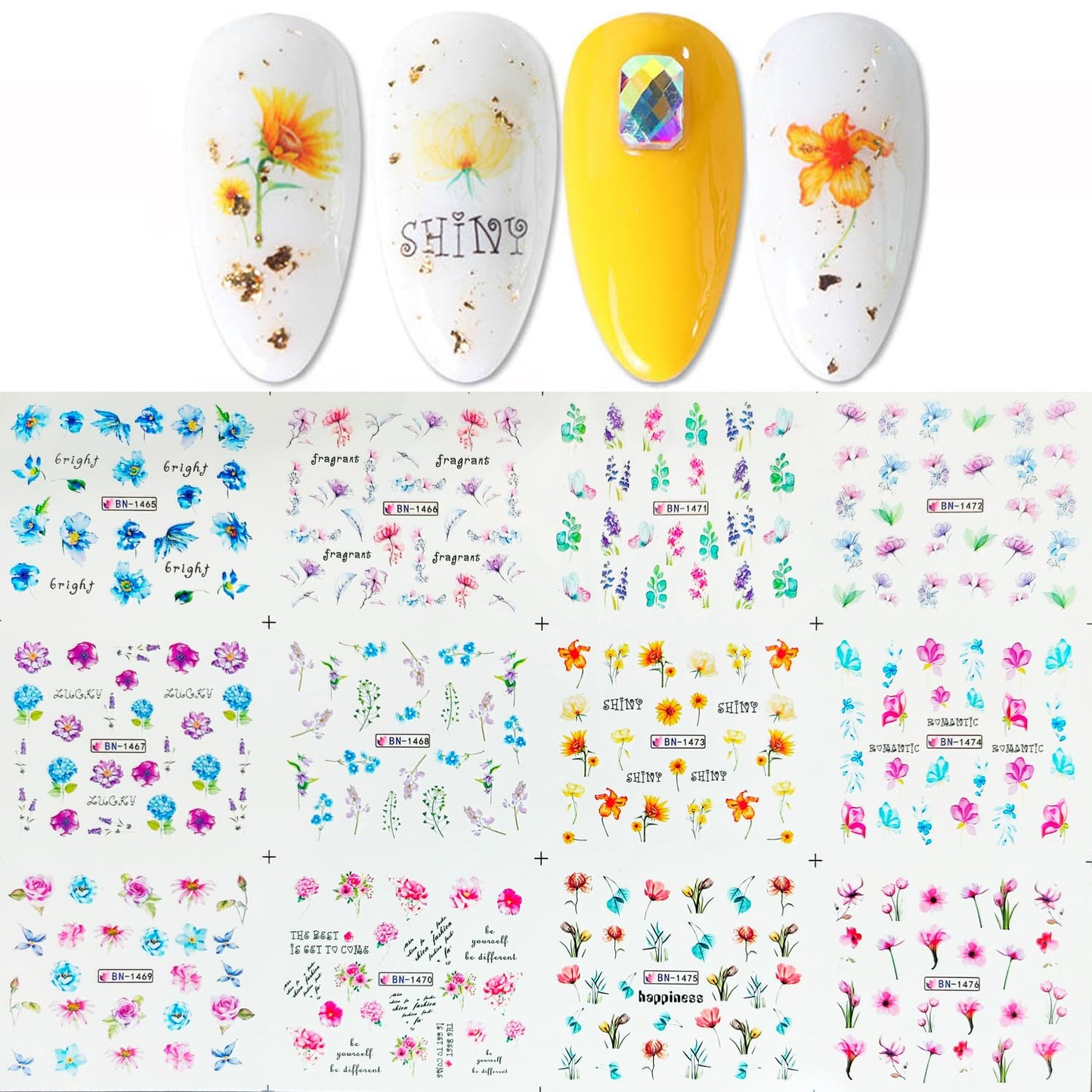 S.A.V.I Nail Decals - 12 Sheets Flower Water Transfer Stickers for DIY Manicure