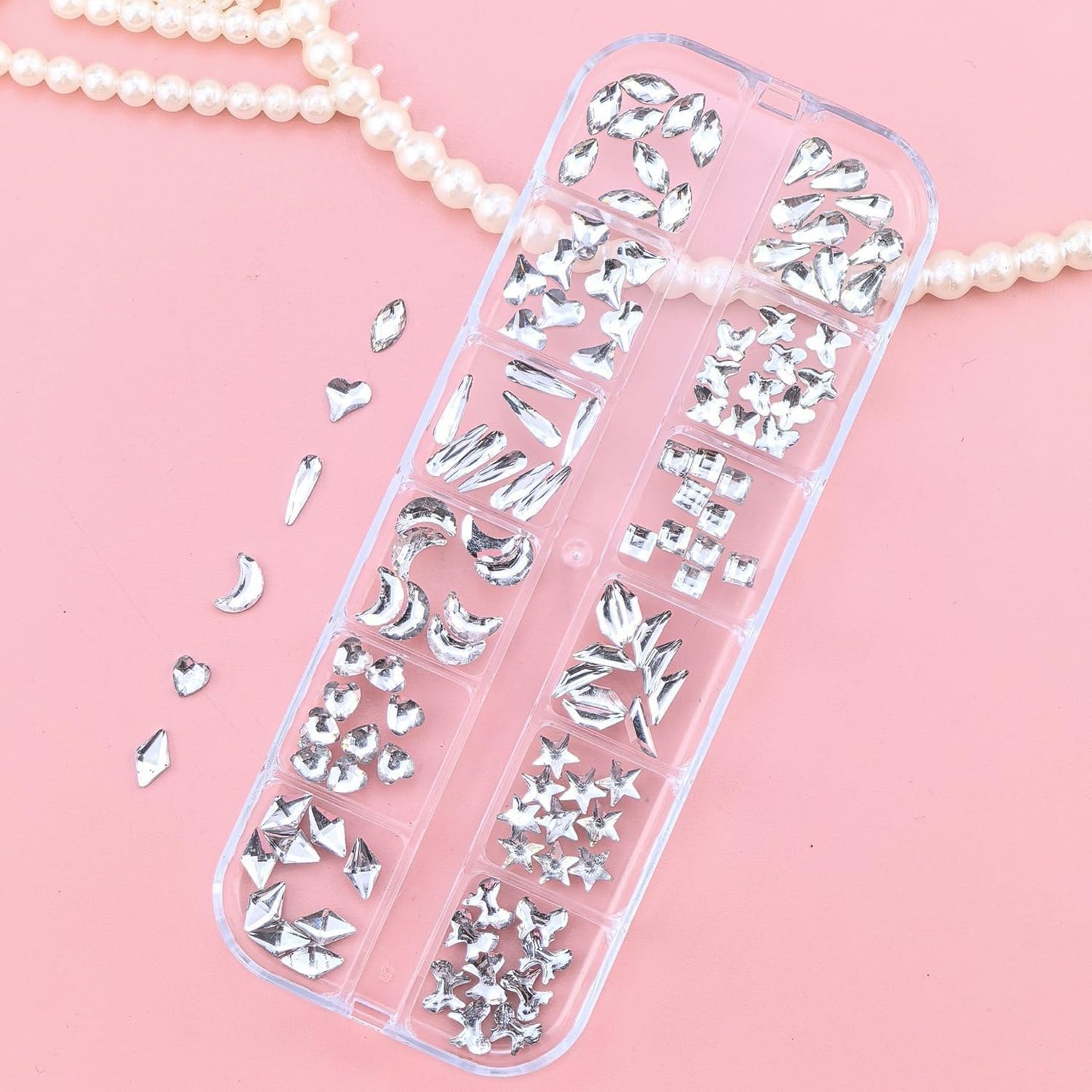S.A.V.I White 3D Resin Rhinestones for Nail Art – 12 Shapes Box | Mixed Sizes 3mm-10mm | Nail Decoration Gems for DIY Manicure & Pedicure Design, Crafts, Jewelry Making (12 Sections)