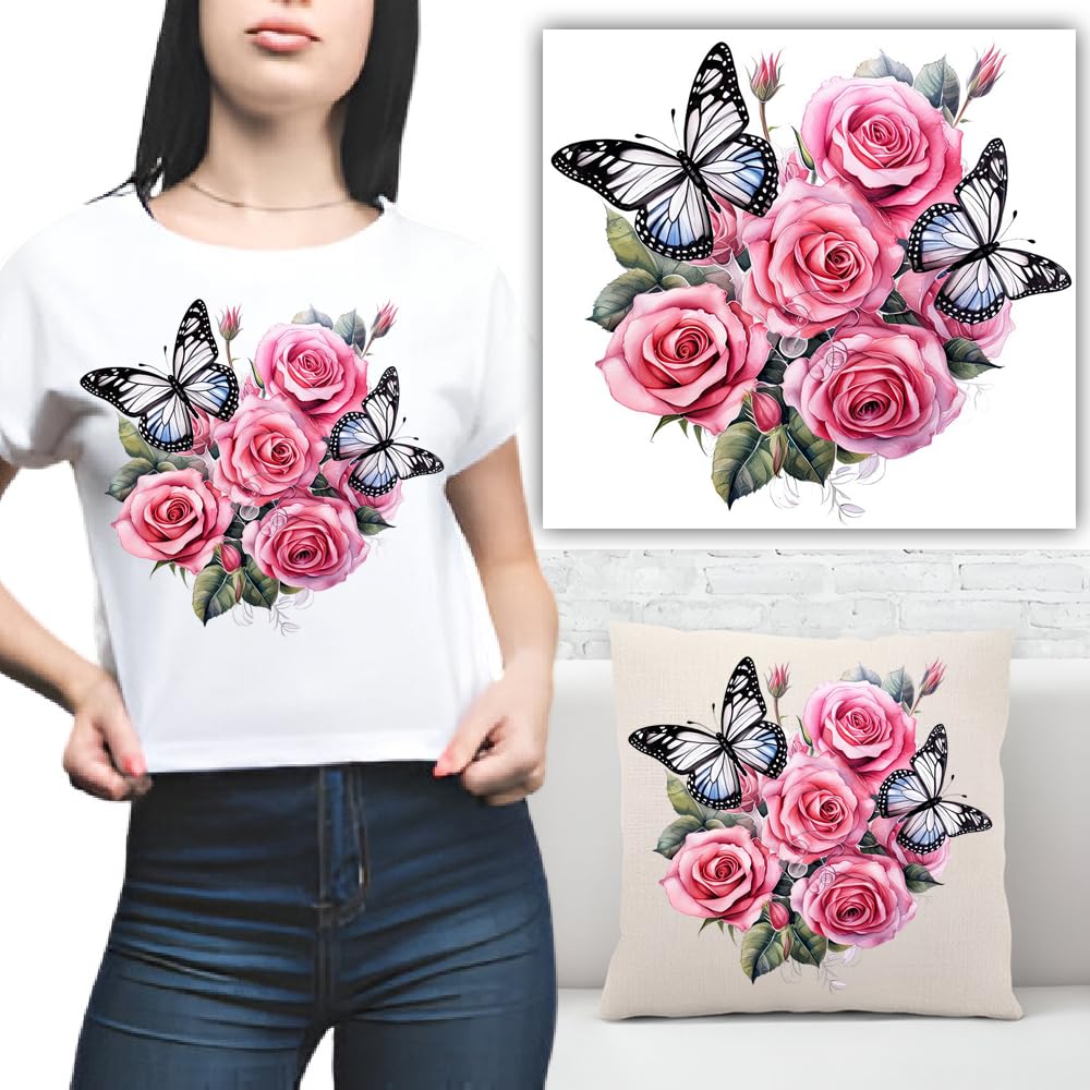S.A.V.I Pink Rose Black Butterfly Heat Transfer Patch | Iron-On Applique for DIY Clothing, T-Shirts, Hoodies, Backpacks | Washable, Durable, Vibrant Design (7x8.5 in) - 1PC