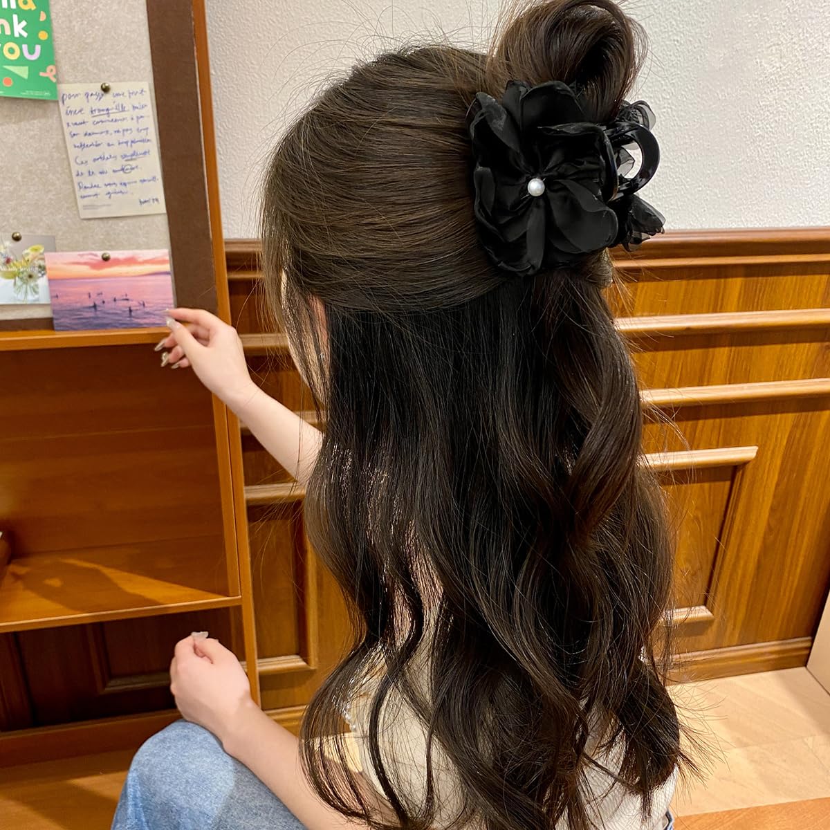 S.A.V.I Black Flower Hair Claw Clip for Women & Girls | Pearl Centered Floral Hair Accessory | 8cm Stylish Hair Clip for Bun, Party, Wedding & Daily | Elegant Hair Styling Clip