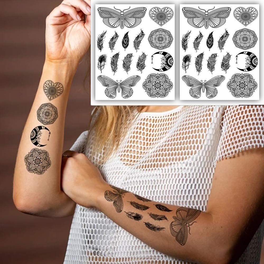 S.A.V.I 2 Sheets - Butterfly Mandala Temporary Tattoo Stickers, Black, Heart Moon Designs, 21x15 cm, for Women Girls