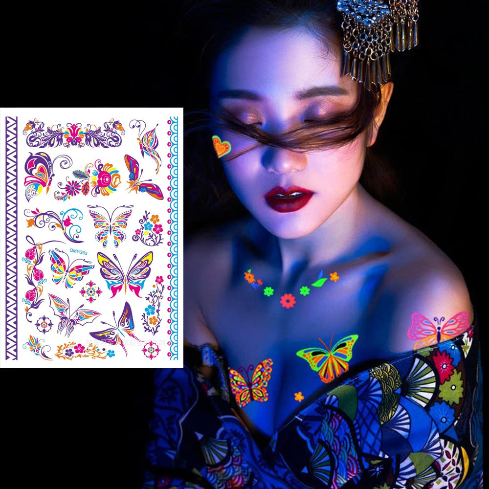 S.A.V.I Neon Temporary Tattoos, Glow UV Neon Body Face Skin Large Tattoo, Flowers, Butterflies, Armband, Tattoos Flash Fake Waterproof Tattoo Stickers for Women Men Girls Body Art, Size- 21x15CM