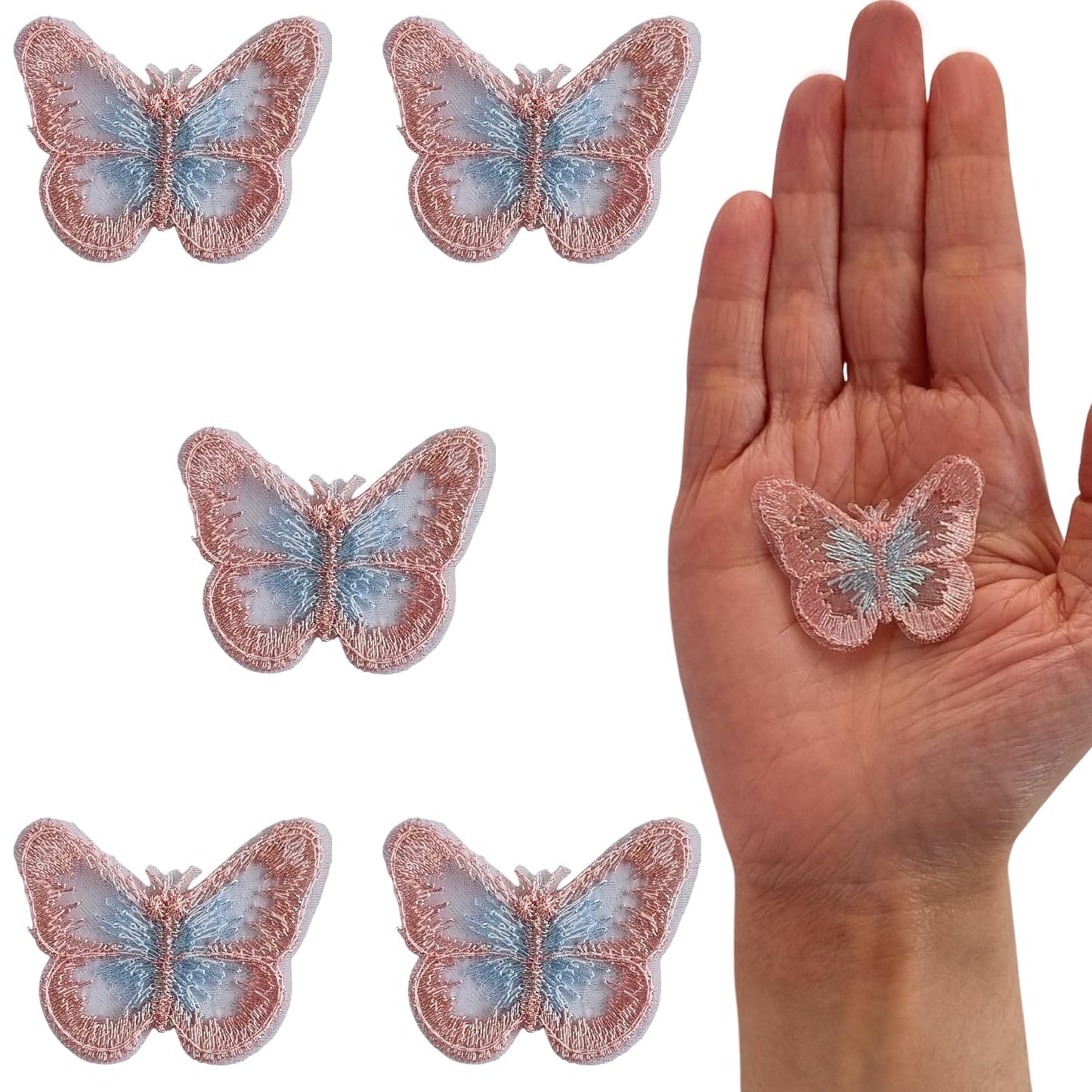 S.A.V.I 5PC 3D Blue Butterfly Applique Patch | Sew-On Mesh Lace Fabric Embroidery for DIY Dresses, Saree, Lehenga, Blouse, Gown, Bridal Wear Craft | Decorative Sewing Patch (1.7x1.3 in) (Pink Blue)