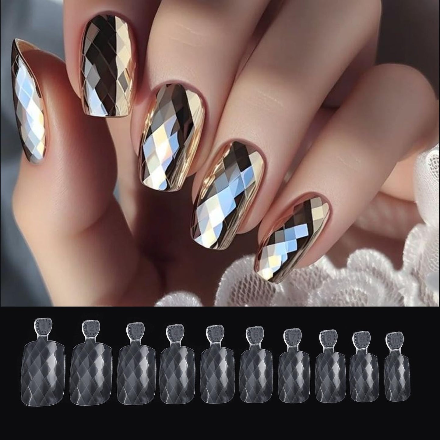 S.A.V.I 500 Pcs Transparent Diamond Pattern Fake Nails | Medium Length Clear Nail Tips in 10 Sizes | Natural Shape Artificial Nails for DIY, Extensions, Salon & Home Use