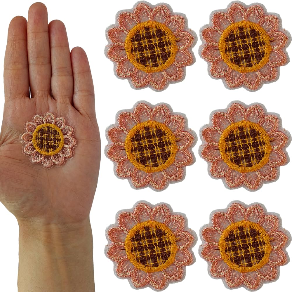 S.A.V.I Non-Adhesive Sunflower Sew-on Embroidered Appliqué Patch Pack of 6, Lightweight 0.4g, Perfect for DIY Embroidery on Clothes, Hats, Bags, Jackets, Craft Projects, Sweater, Jeans (Pink)