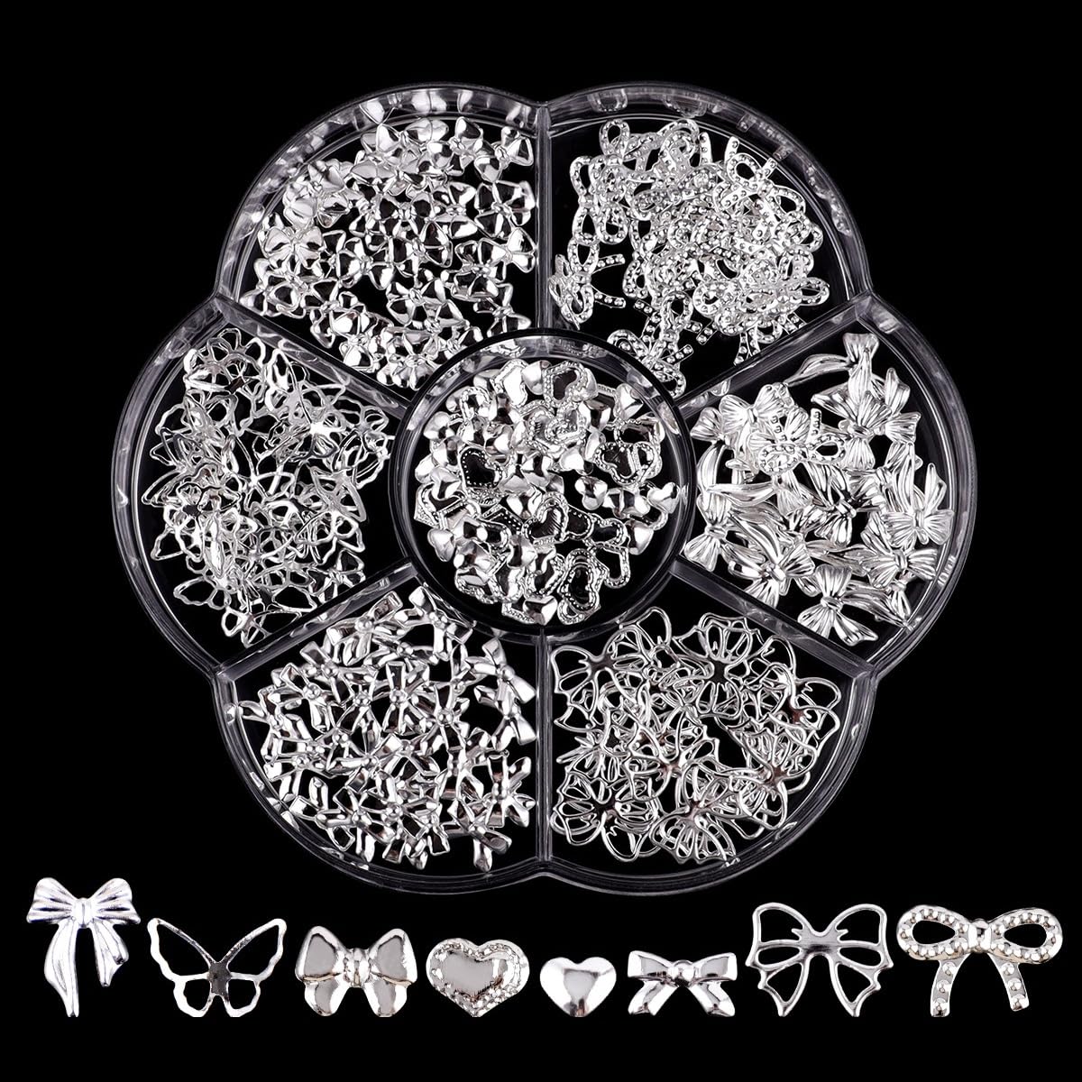 S.A.V.I Silver Alloy Nail Art Charms Set – 7 Designs Bow & Heart Shapes, 8x10mm | 3D Metal Nail Decorations for Women & Girls | Manicure Accessories in Round Storage Box