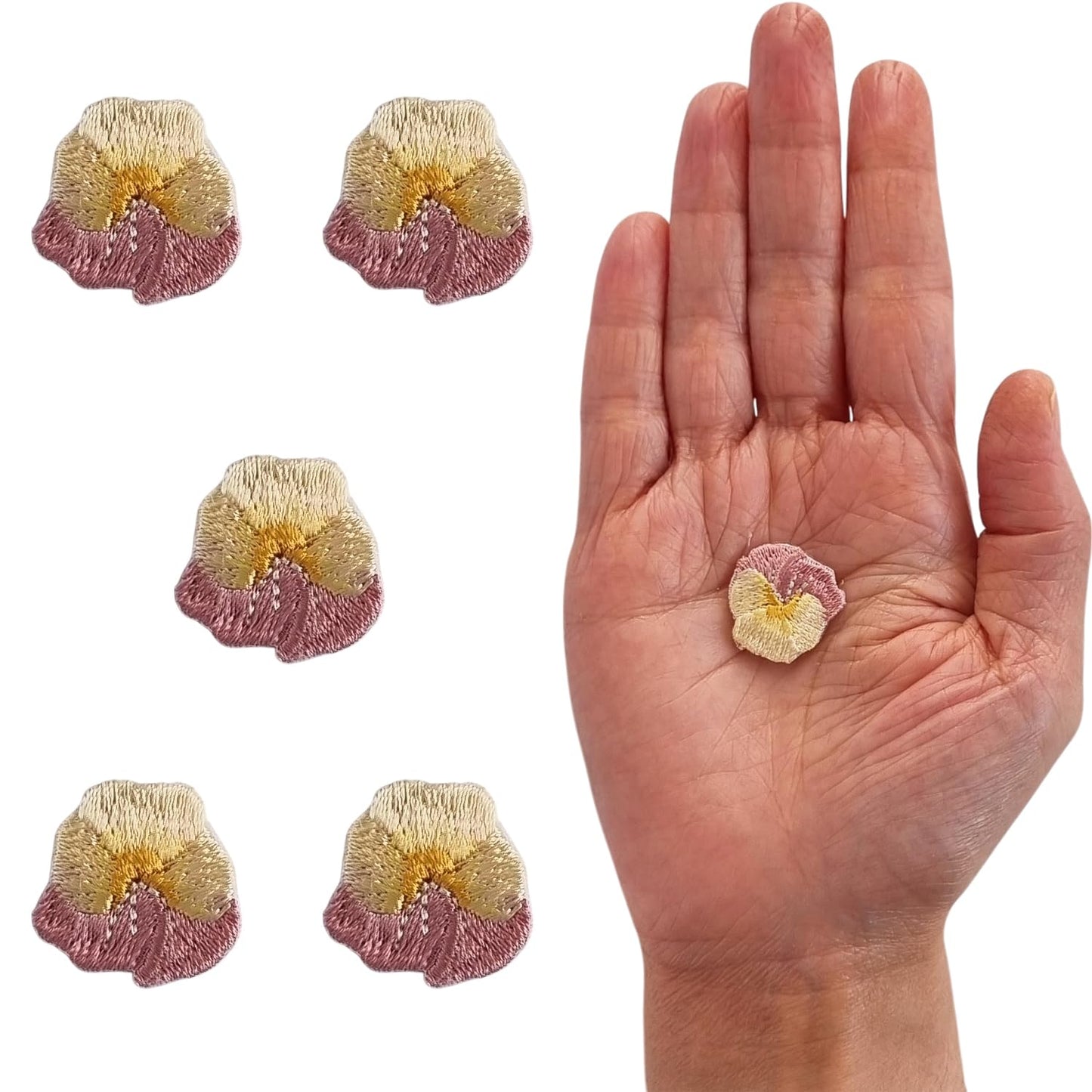 S.A.V.I 5PC Mini 3D Embroidered Iron-On Patches – Floral Design | DIY Applique for T-Shirts, Jeans, Backpacks, Jackets, Kidswear Craft | Peach, Yellow Beige | Heat Press/Sew-On | 1.9cm x 1.9cm