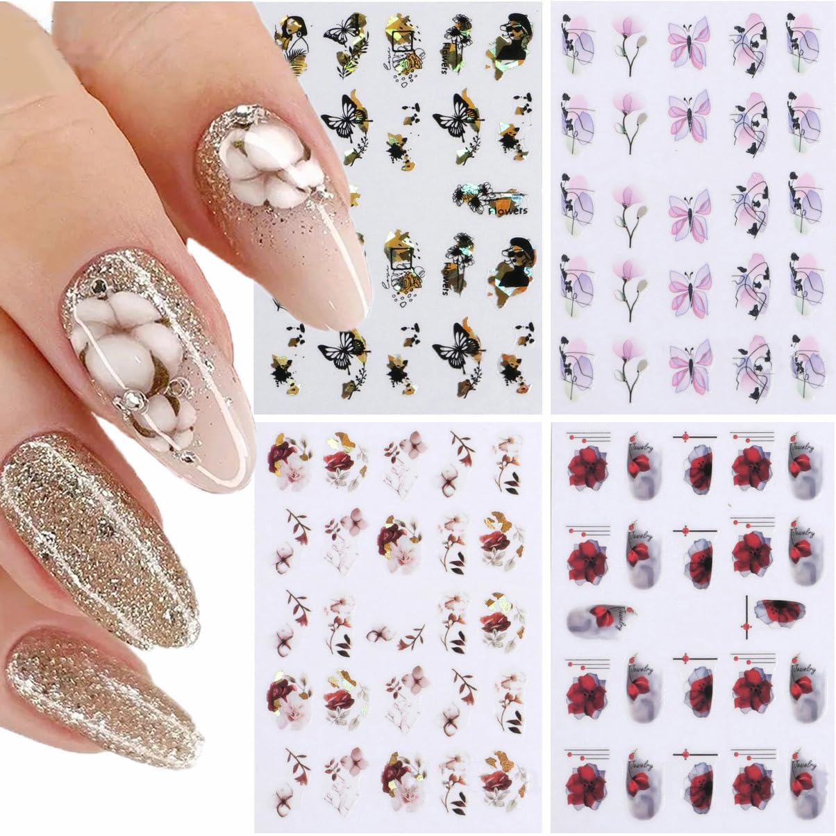 S.A.V.I Nail Art Decals - 4 Sheets Self-Adhesive | DIY Manicure Stickers | Lasting Trendy
