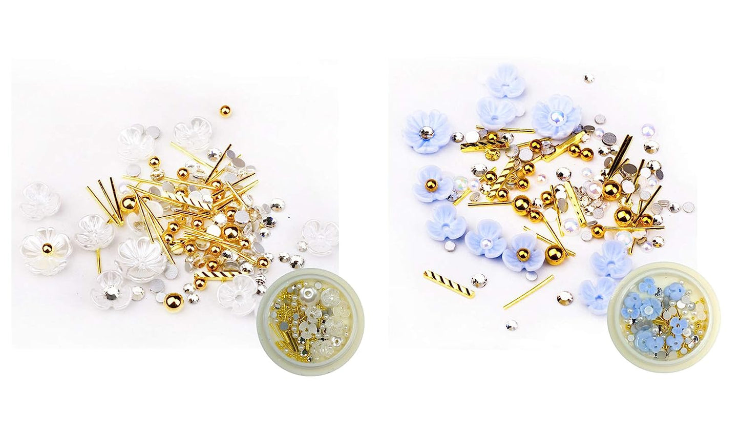 S.A.V.I (Set of 2) Nail Art Set Rivet Rhinestone Resin Decoration Shell Flower White and Blue with Pearls Golden Beads