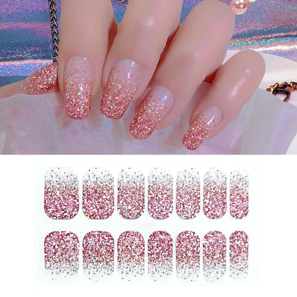 S.A.V.I 14 PCS Red Glitter Ombre Gel Nail Stickers - Self Adhesive, Gradient Effect