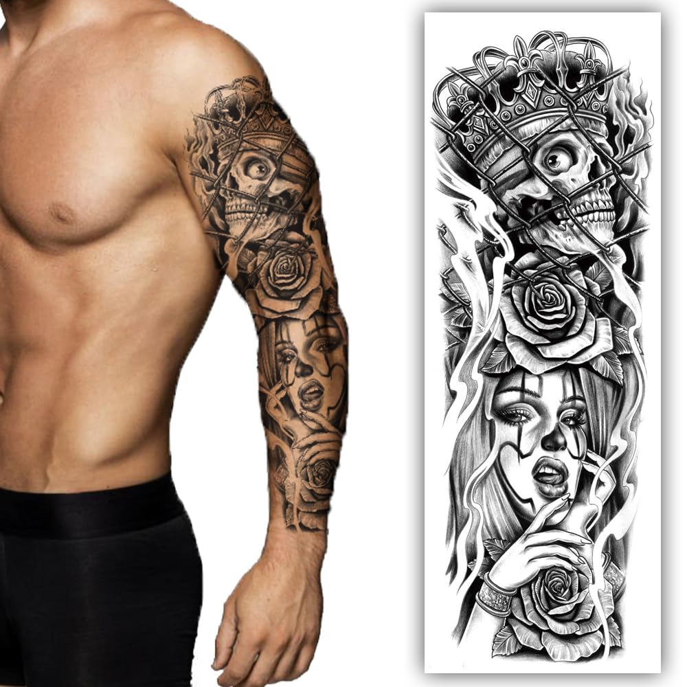 S.A.V.I Full Arm Temporary Tattoo Sleeve - Crowned Skull, Roses Woman Portrait, 48x17 cm