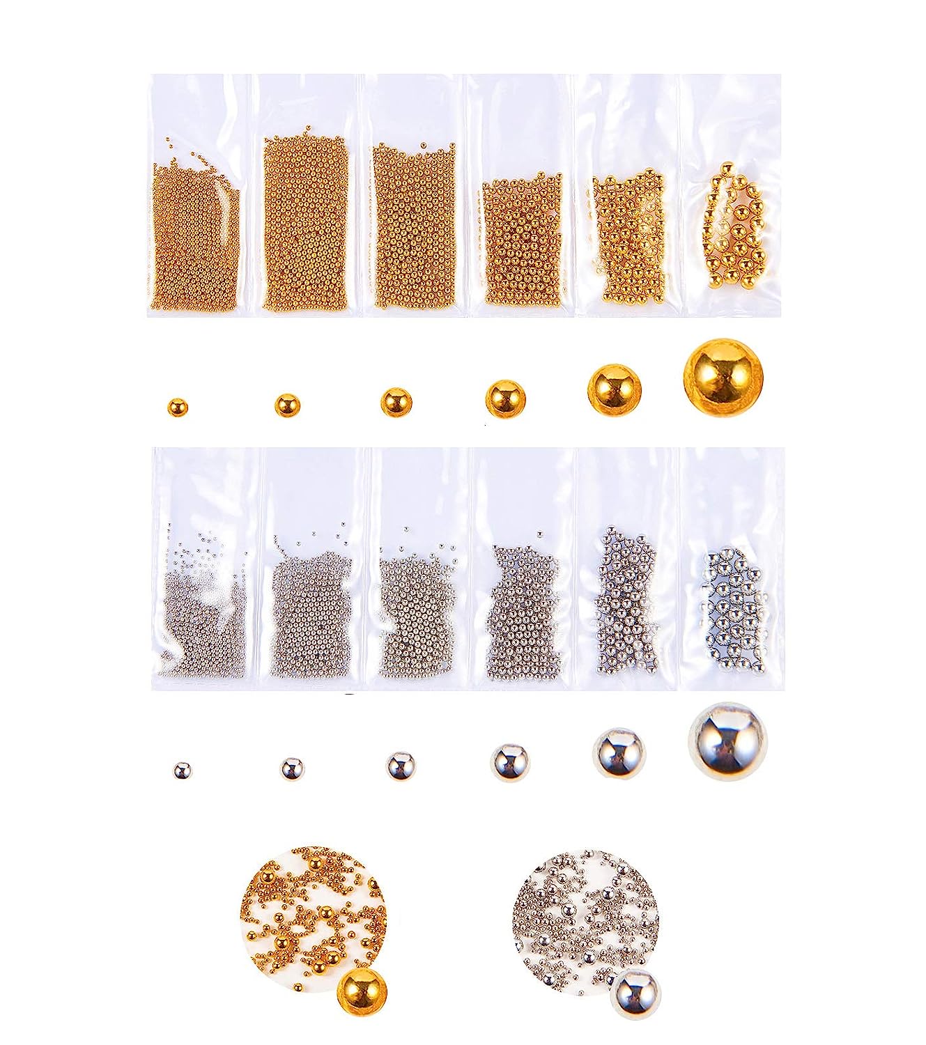 S.A.V.I (Pack of 2) 6 Sizes 3D Metal Micro Beads Golden Silver Stainless Steel Caviar Beads For DIY Nail Art