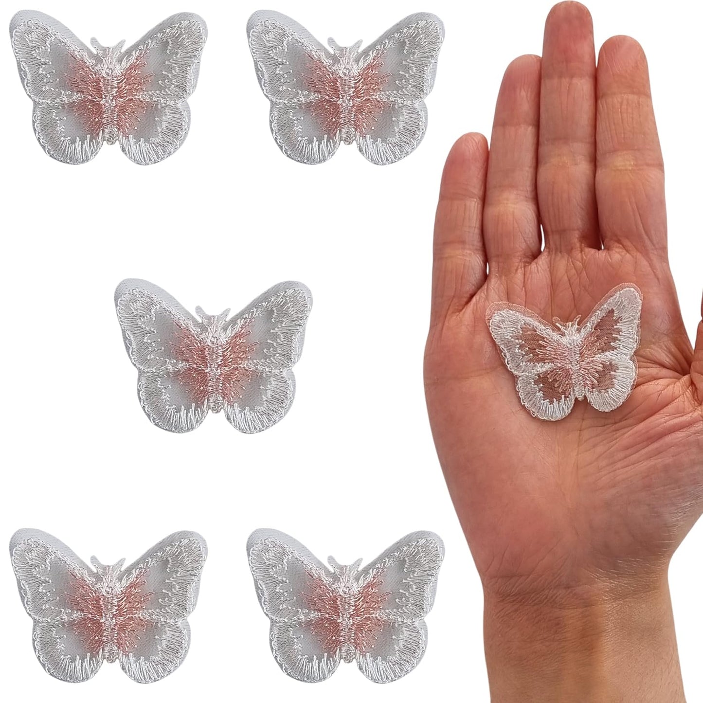 S.A.V.I 5PC 3D Blue Butterfly Applique Patch | Sew-On Mesh Lace Fabric Embroidery for DIY Dresses, Saree, Lehenga, Blouse, Gown, Bridal Wear Craft | Decorative Sewing Patch (1.7x1.3 in) (White pink)