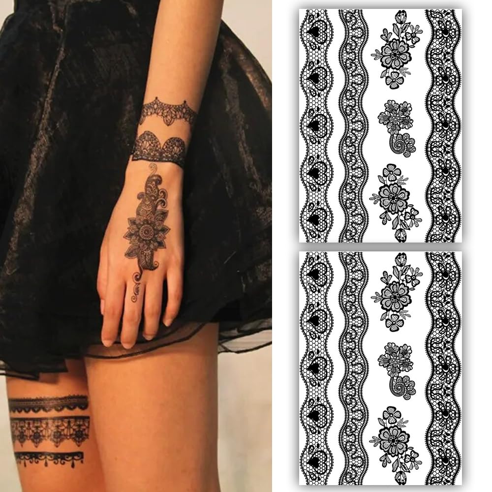 S.A.V.I 2 Sheets - Black Henna Mehndi Tattoo Stickers, Lace Floral Design, 21x15cm, Temporary Body Art for Women Girls