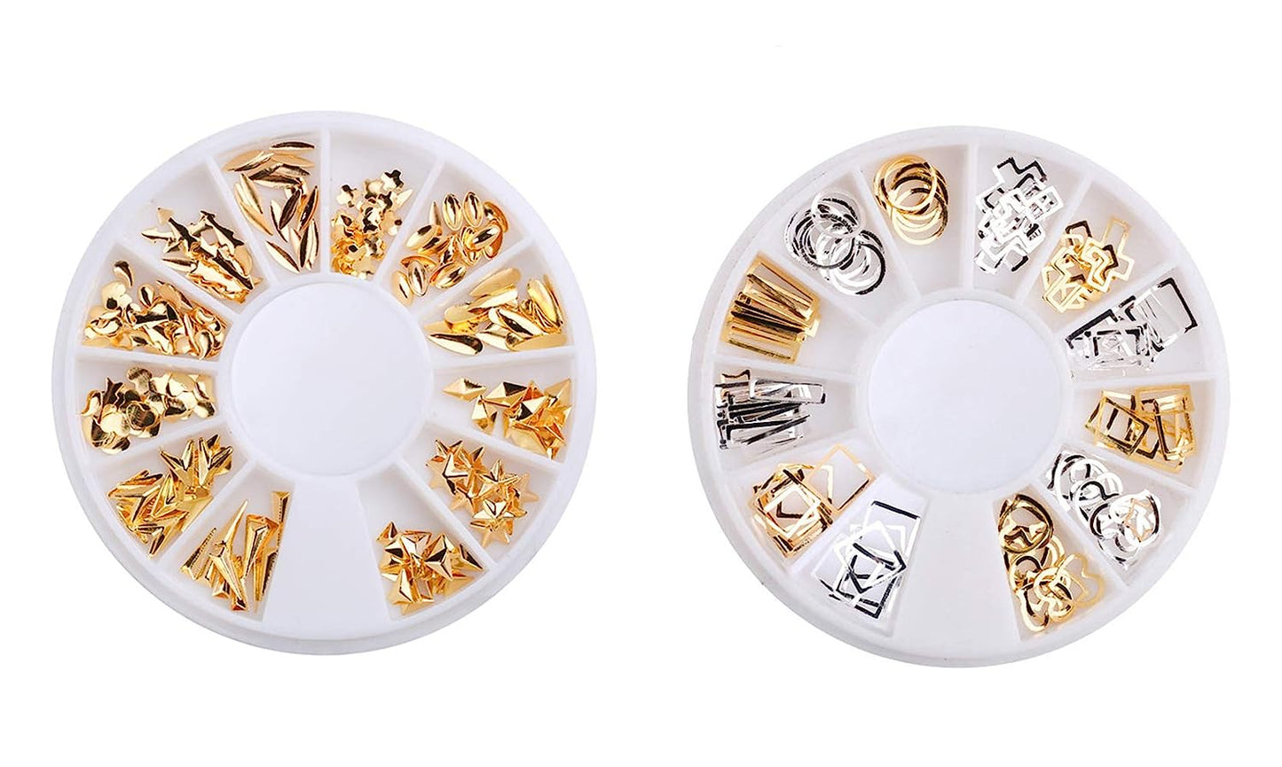S.A.V.I (2 PCS.) 3D Nail Art DIY Manicure Decoration Disc Wheel Alloy Golden Silver Color Stars Cross Hollow Geometric Shapes