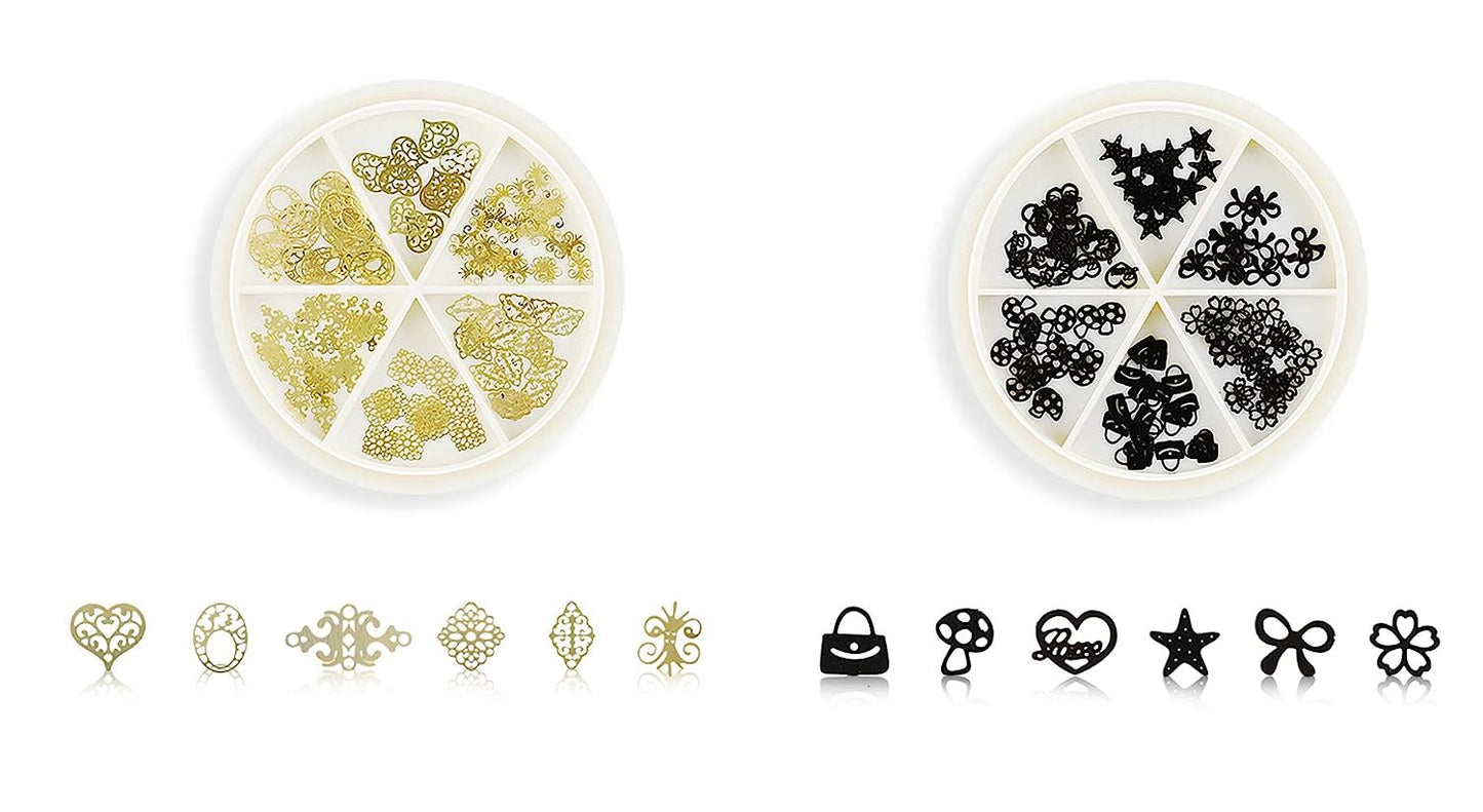 S.A.V.I (Pack of 2) DIY 3D Nail Art Manicure Black Golden Metal Designer Heart Butterfly Bag Mushroom Star Bow Decoration Disc 6 Styles in 1 Wheel