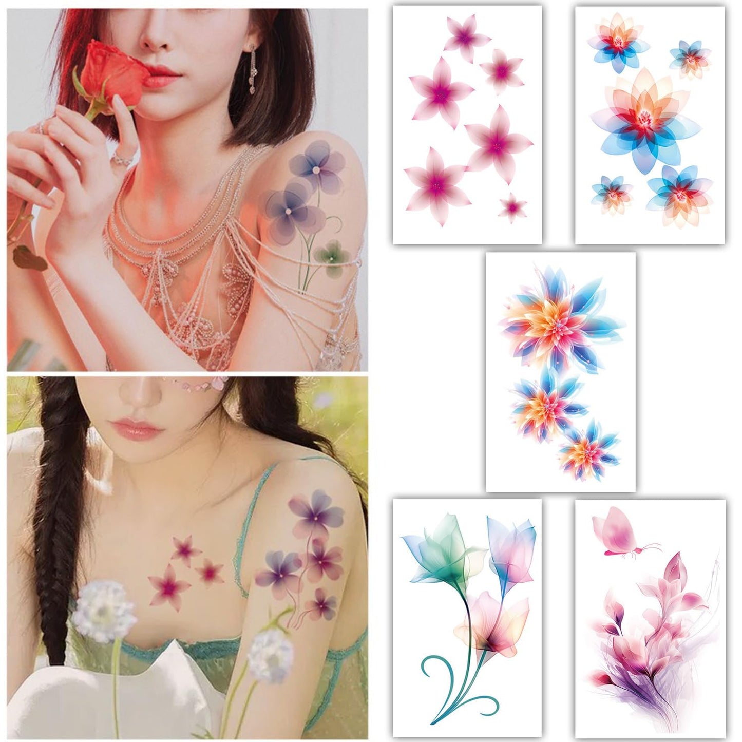 S.A.V.I 5PCS - Watercolor Flower Temporary Tattoos Vibrant, Skin-Safe Decals for Women Girls, 12x7.6 cm Combo Pack
