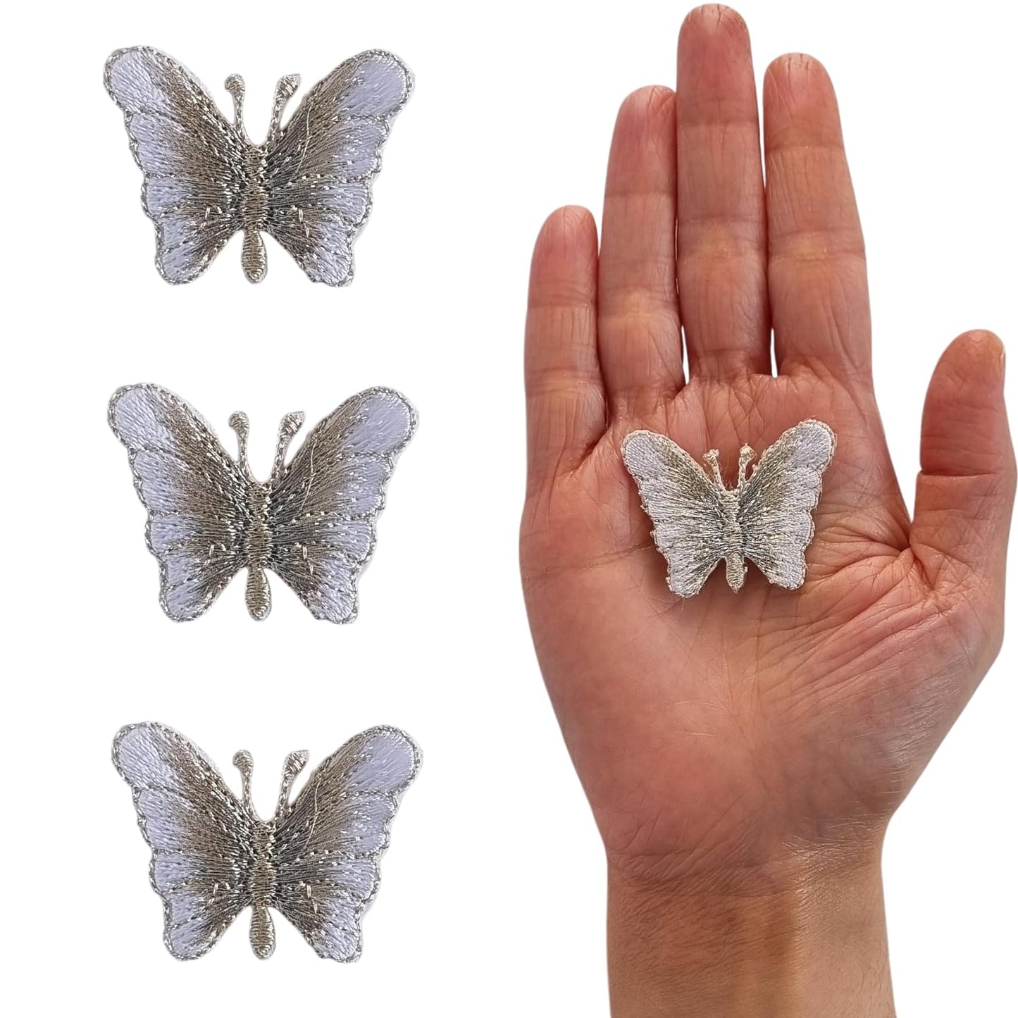 S.A.V.I 3PCS Silver 3D Butterfly Embroidered Iron-On Patches | DIY Applique for T-Shirts, Jeans, Dresses, Backpacks | 1.5 x 1.1 Inch Fabric Stickers for Clothes | Pre-Glued, Easy Heat Press Application (Silver)