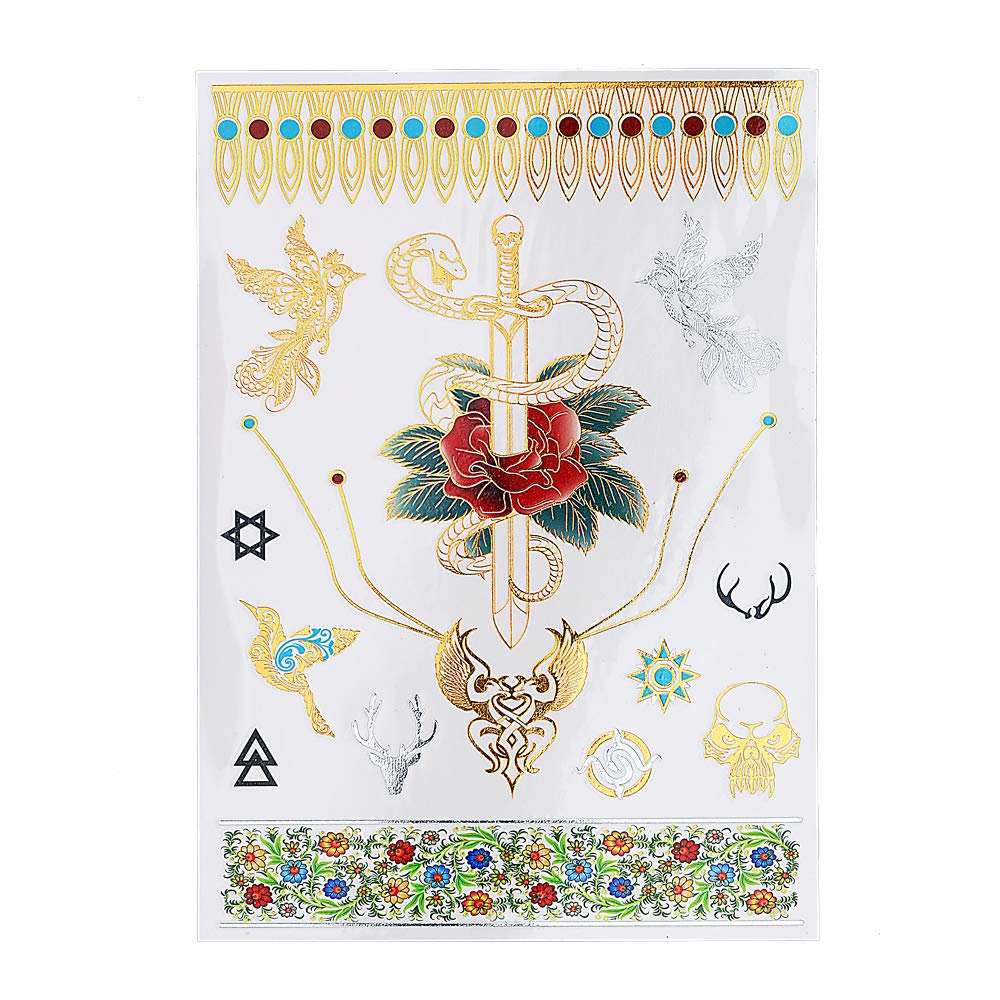 S.A.V.I 3D Temporary Tattoo Golden and Silver Metallic Sticker Sword In Rose Birds Deer Design Size 21x15cm - 1pc. (111), Gold, 22 g