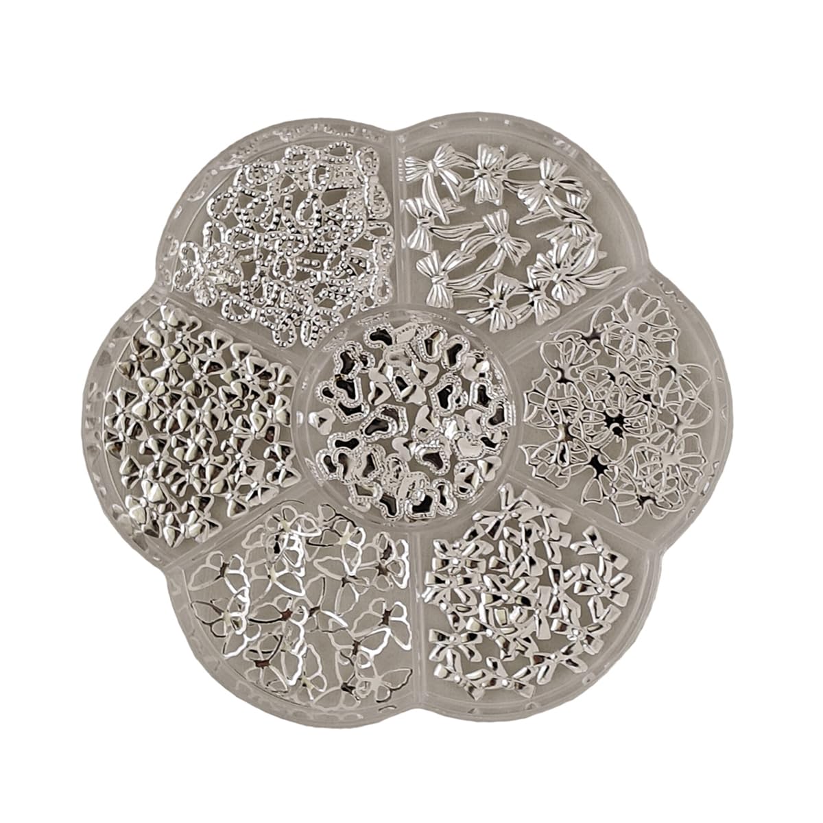 S.A.V.I Silver Alloy Nail Art Charms Set – 7 Designs Bow & Heart Shapes, 8x10mm | 3D Metal Nail Decorations for Women & Girls | Manicure Accessories in Round Storage Box