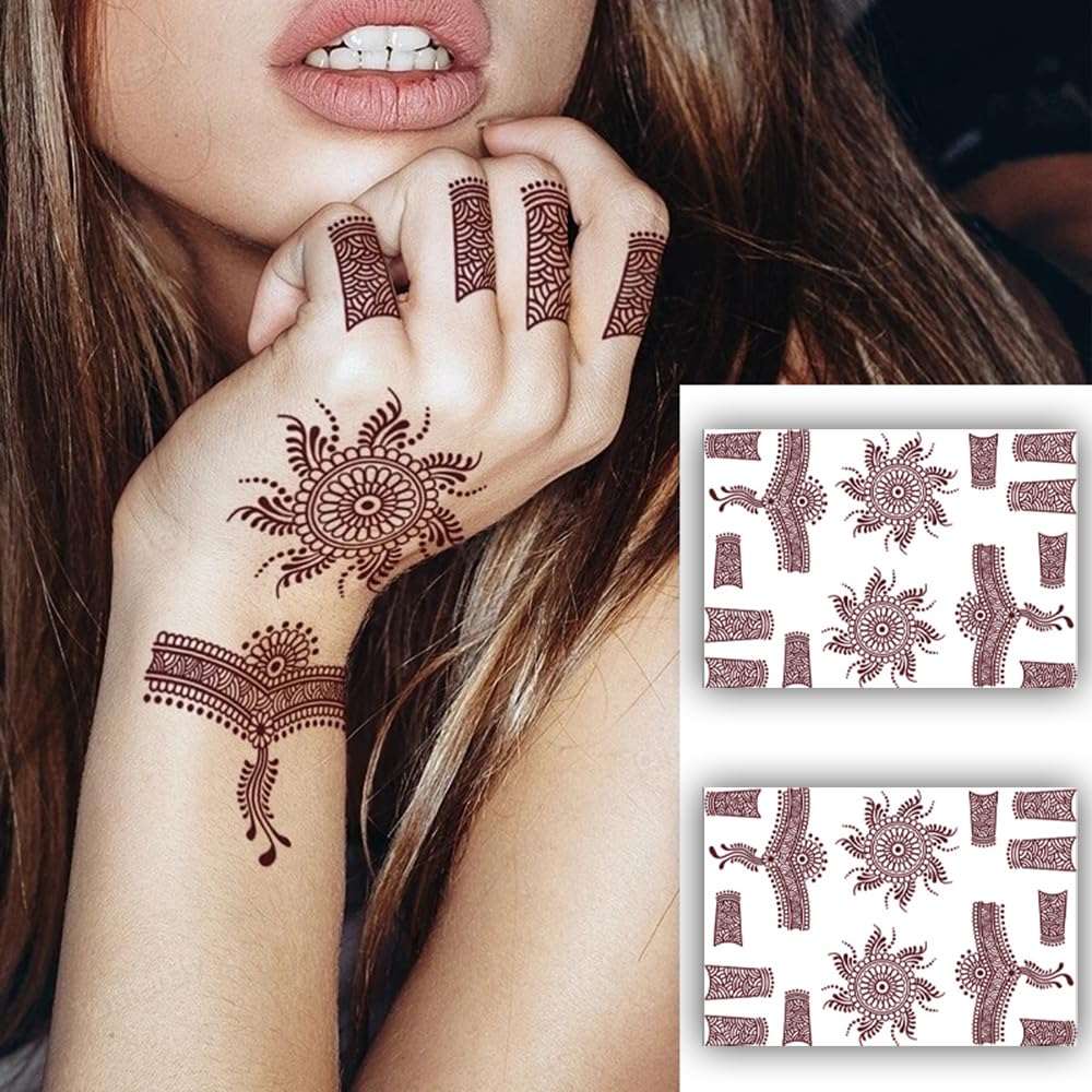 S.A.V.I 2 Sheets - Mehendi Tattoo Stickers, Waterproof Henna Designs, Natural Color, 21x15cm for Women's Hands Arms
