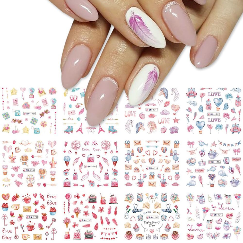 S.A.V.I Valentine's Day Nail Stickers – 12 Love Feather Designs, Water Decal Nail Art Decoration