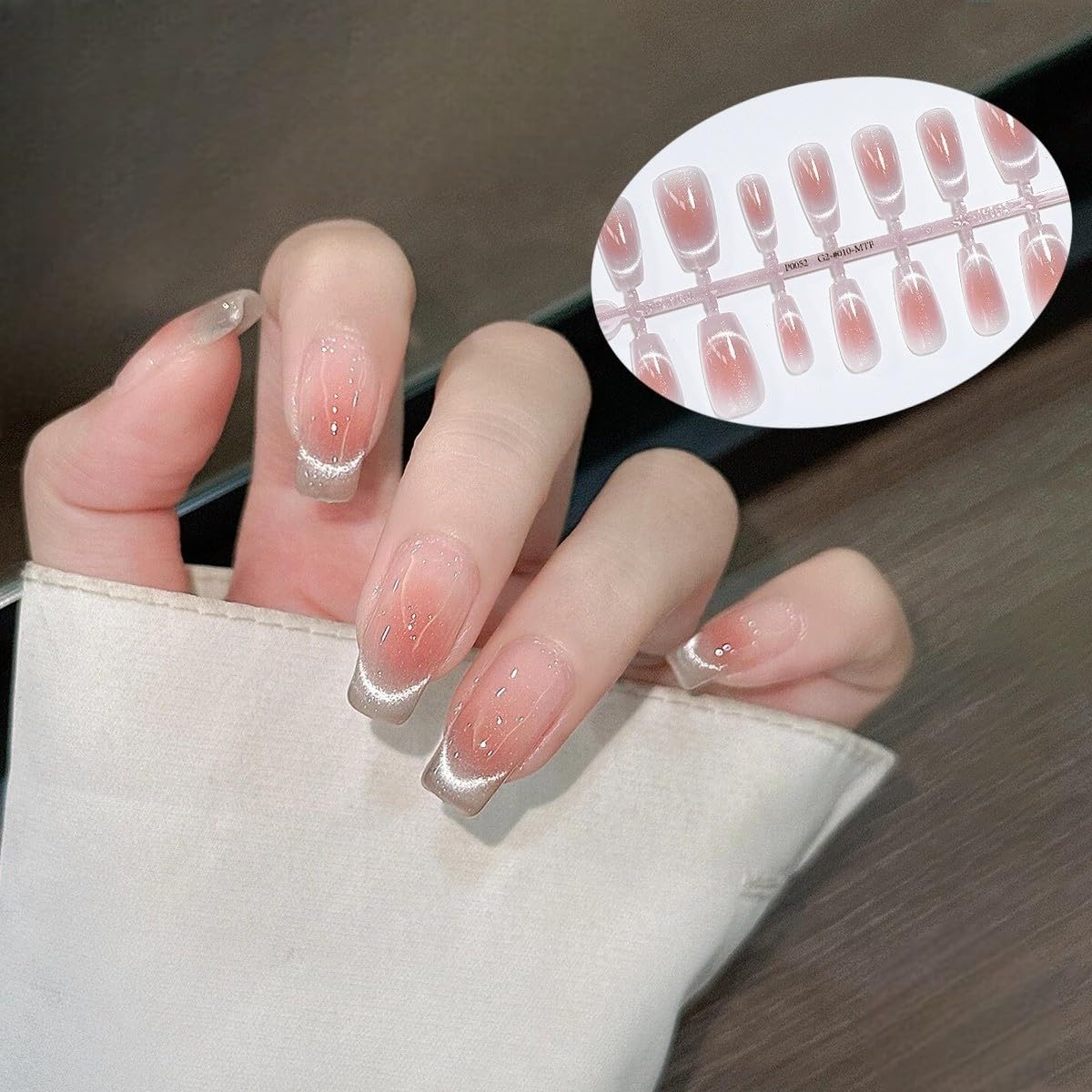 S.A.V.I 30 Pcs Long Coffin Nude & Blush Fake Nails with Cat Eye Glitter | Glossy Press-On Tips for Women | Reusable Acrylic Look Nail Art | Salon Style DIY Manicure at Home