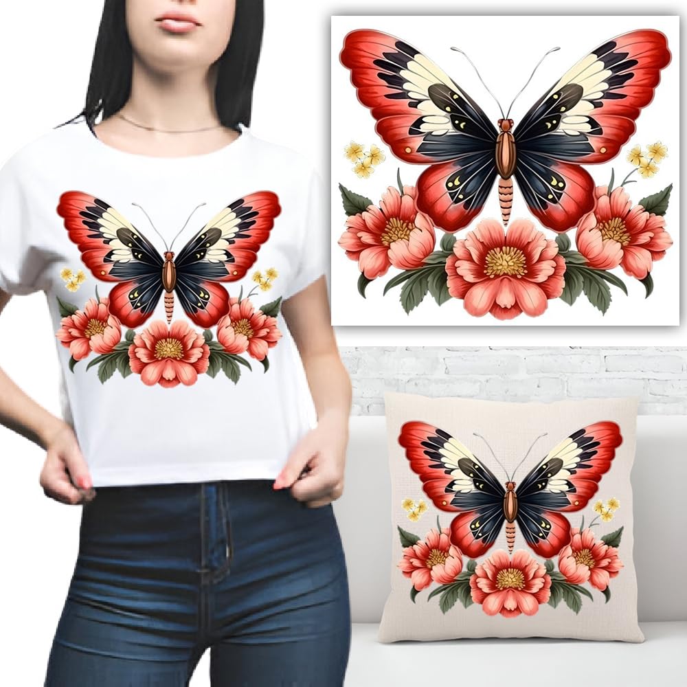 S.A.V.I Butterfly Flower Applique Patch 1PC Iron-On | 8.5 x 7.5 Inch Heat Transfer Sticker for T-Shirts, Jeans, Backpacks | DIY Washable Embroidery for Clothing, Pillows | Craft Lovers