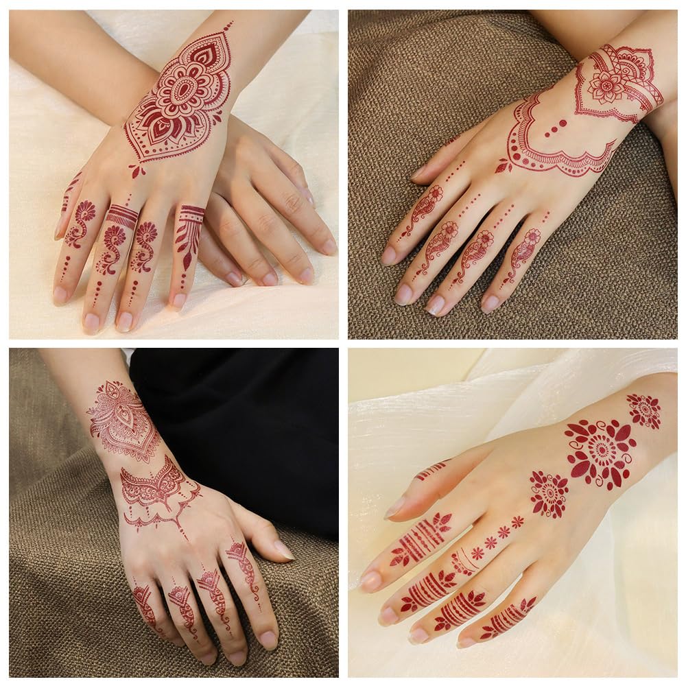 S.A.V.I 2 Sheets - Red Mehndi Style Temporary Tattoo Stickers for Women & Girls (16x12cm) | Floral Net Design | Waterproof, Safe, Non-Toxic Body Art for Hands – Easy to Apply & Remove (#50)