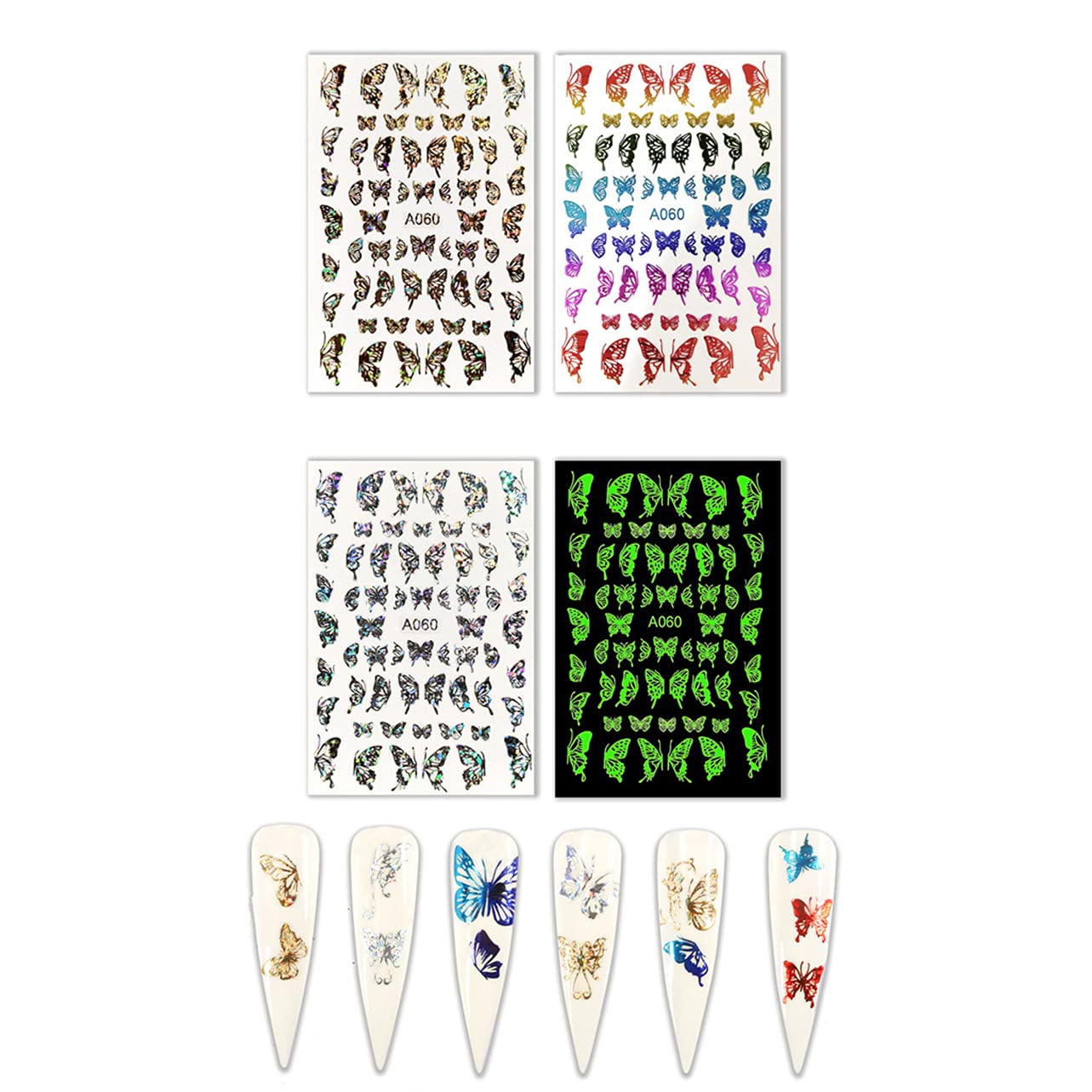 S.A.V.I Set of 4 Sheets 250 Stickers Butterfly Design Nail Art Decoration Laser Self-adhesive Sticker Luminous Nail Decal for Manicure