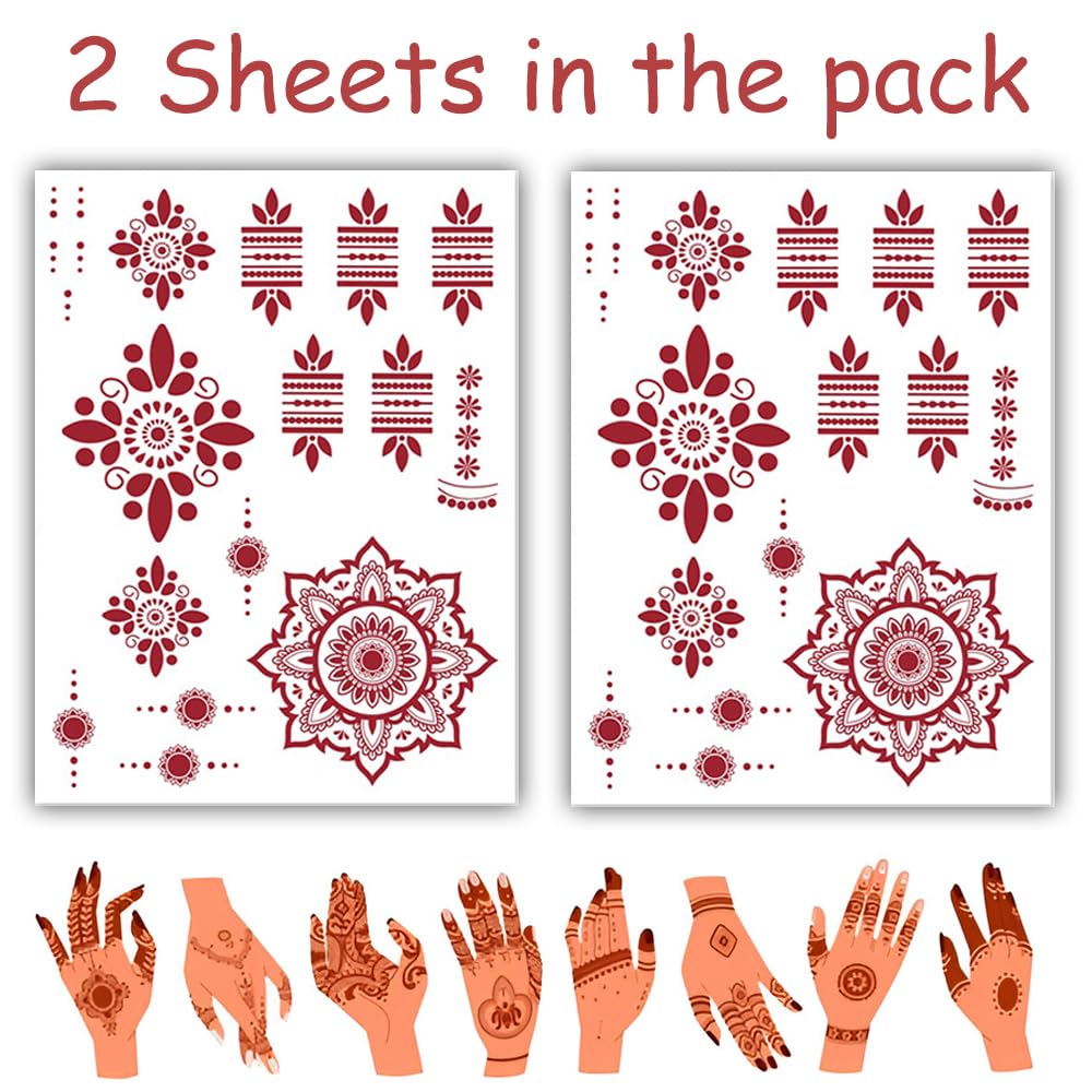 S.A.V.I 2 Sheets - Red Mehndi Style Temporary Tattoo Stickers for Women & Girls (16x12cm) | Floral Net Design | Waterproof, Safe, Non-Toxic Body Art for Hands – Easy to Apply & Remove (#50)