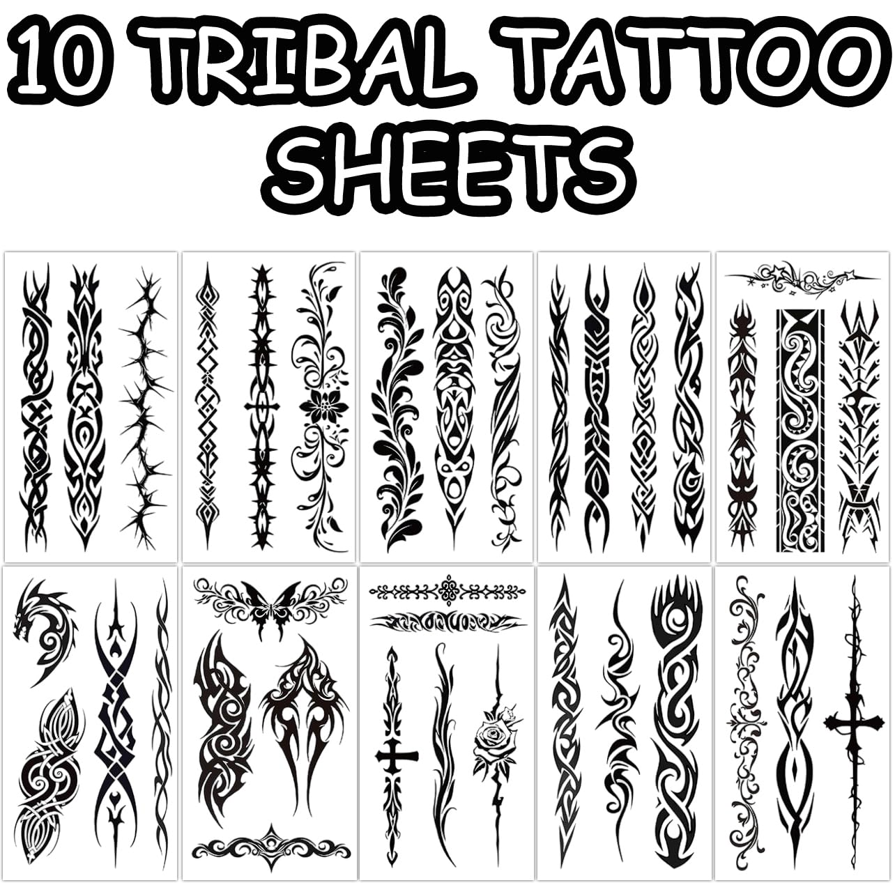 S.A.V.I 10 Sheets Tribal Temporary Tattoo Stickers for Men Women Kids – Black Waterproof Body Art – 12x6.8cm – Safe Non-Toxic – Easy to Apply & Remove – Long Lasting for Arms Back Legs