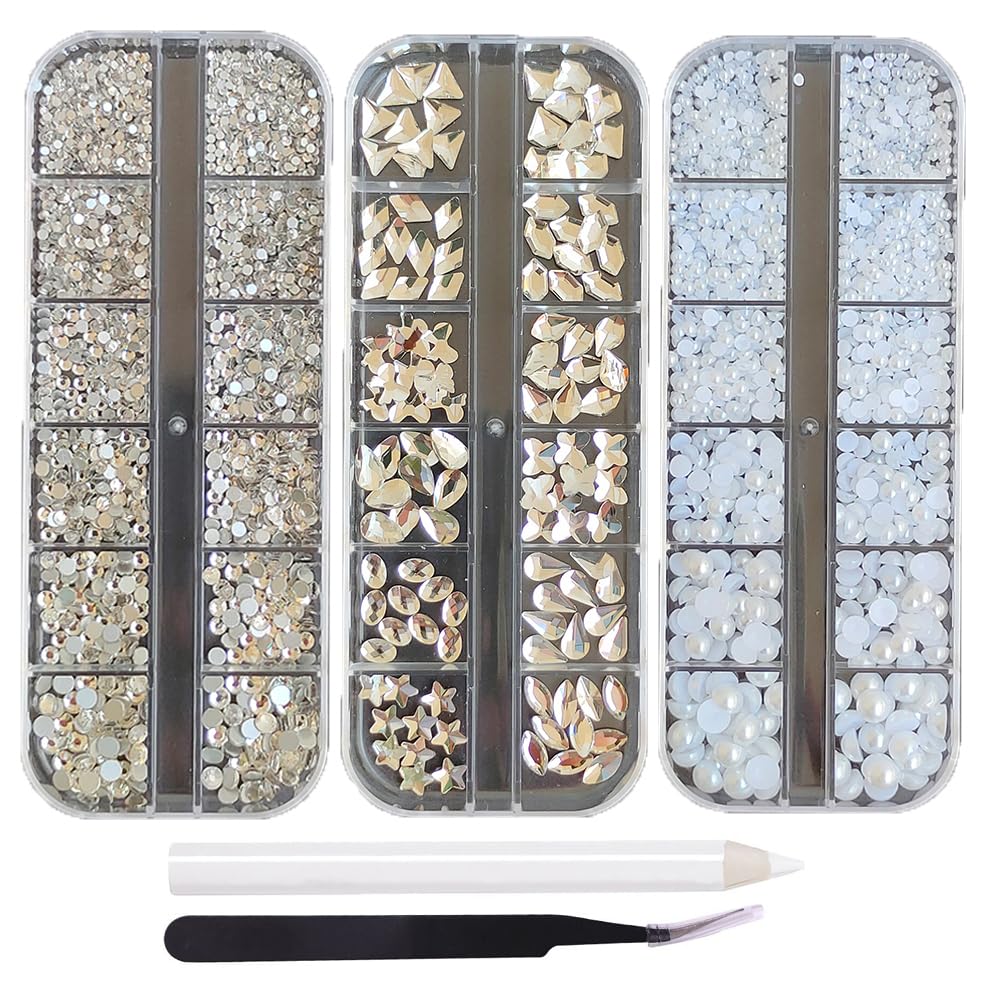 S.A.V.I 3 Box Nail Art Decoration Set | Flatback Pearls, Glass Rhinestones – 6 Sizes, 12 Shapes | White & Crystal Nail Gems for DIY Nail Art, Manicure, Salon & Home Use