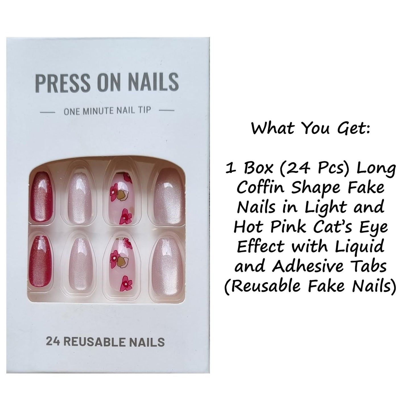 S.A.V.I 24 Pcs Pink Cat Eye & Cherry Print Press On Nails | Long Coffin Shape Glossy Nude Fake Nails for Women & Girls | Reusable Nail Art Tips with Glue & Adhesive Tabs – Salon Finish at Home