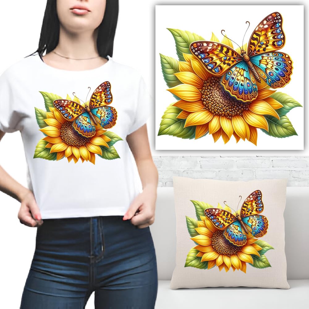 S.A.V.I Colorful Butterfly Sunflower Iron-On Patch | 8.5x7 Inch Heat Transfer Sticker for T-Shirts, Hoodies, Jeans, Backpacks Pillows | Washable DIY Applique for Clothes Accessories | 1PC
