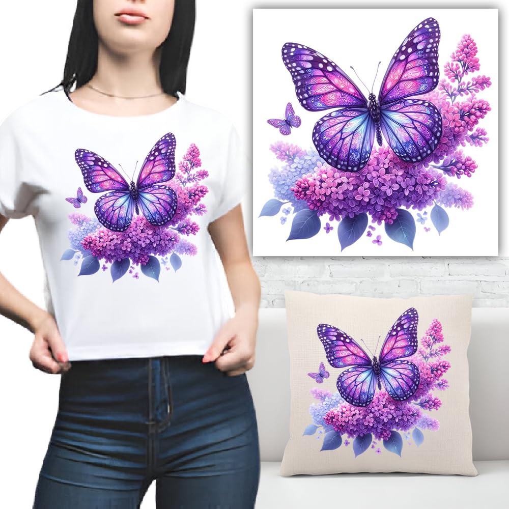 S.A.V.I Purple Butterfly Floral Design Washable Iron-On Patch | 7.5x8.5 Inch DIY Applique for T-Shirts, Hoodies, Bags Pillows | Vibrant Heat Transfer Sticker for Clothes Accessories | Easy to Apply