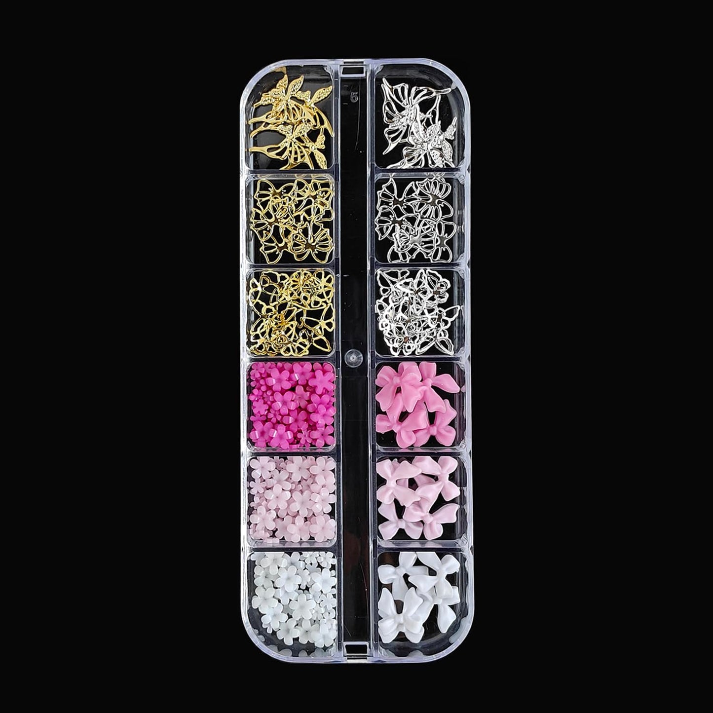S.A.V.I 12-Grid 3D Nail Art Decorations Set – Gold & Silver Alloy Bows, Butterflies, Pink/White Flowers, Multi-Colour Bows – DIY Nail Extension & Manicure Accessories for Salon & Home Use