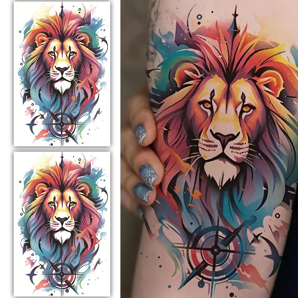 S.A.V.I Vibrant Lion Temporary Tattoo 2 Sheets - 19x12cm Waterproof, Realistic Long-lasting Body Art Stickers for Men Women - Multi-Color Design, Easy Application Removal - All Skin Types