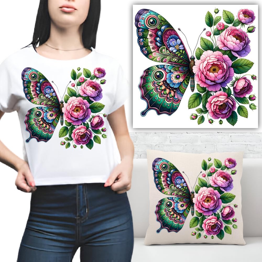 S.A.V.I 1PC Floral Butterfly Iron-On Patch (8.5x7.5 Inch) | Heat Transfer Sticker for DIY T-Shirts, Hoodies, Jeans, Bags Crafts | Washable, Vibrant Applique for Clothes | Easy Application