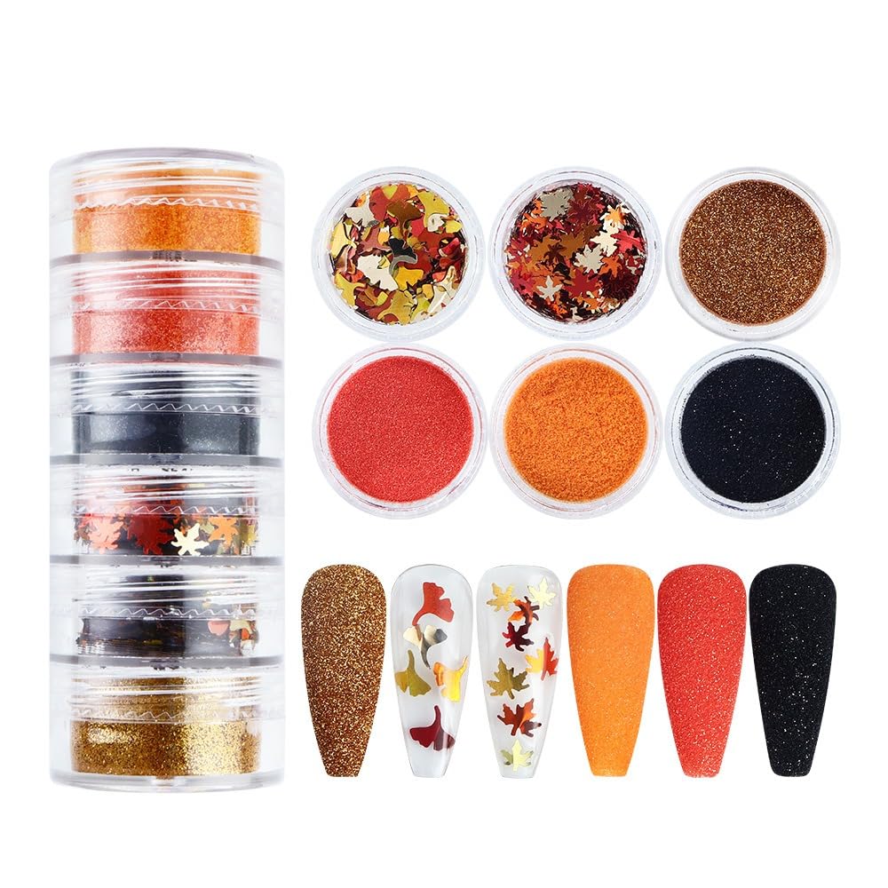 S.A.V.I Nail Art Glitter Set – 6 Jars Maple Leaf Ginkgo Flower Sequins, Fine Shiny Nail Decoration