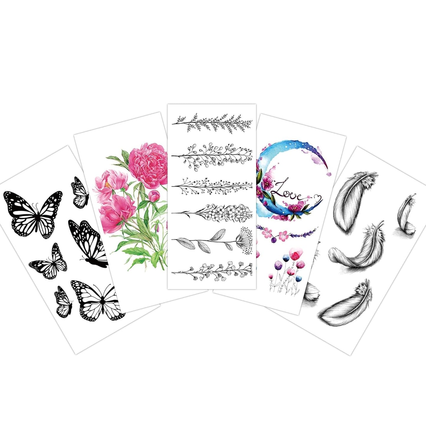 S.A.V.I 5pc Temporary Tattoo Stickers - Floral, Butterfly, Moon Feather - 10.5x6cm for Men Women