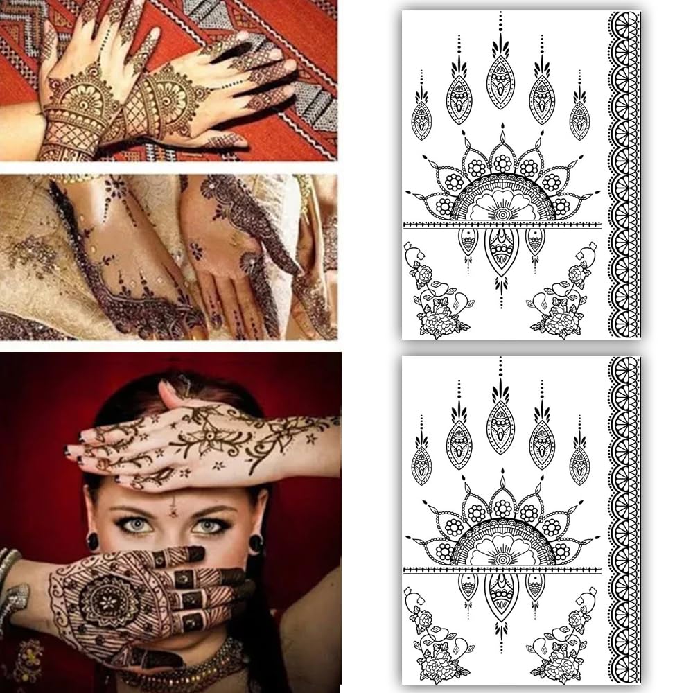 S.A.V.I 2 Sheets, Black Henna Mehendi Temporary Tattoo Stickers, Mandala Lace Design, 21x15 cm for Women Girls