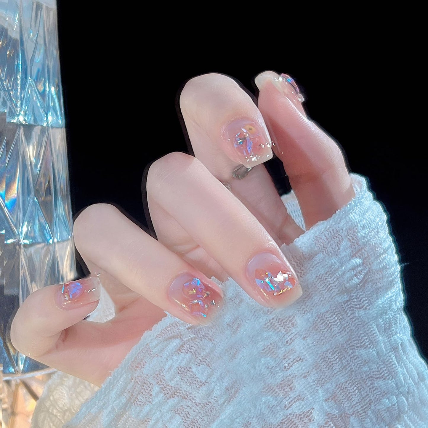 S.A.V.I 24Pcs Nude Pink Short Square Press On Nails with Rhinestones | Reusable Fake Nails Set with Glue & Adhesive Tabs | Natural Look Artificial Nails for Women & Girls – Salon Finish at Home