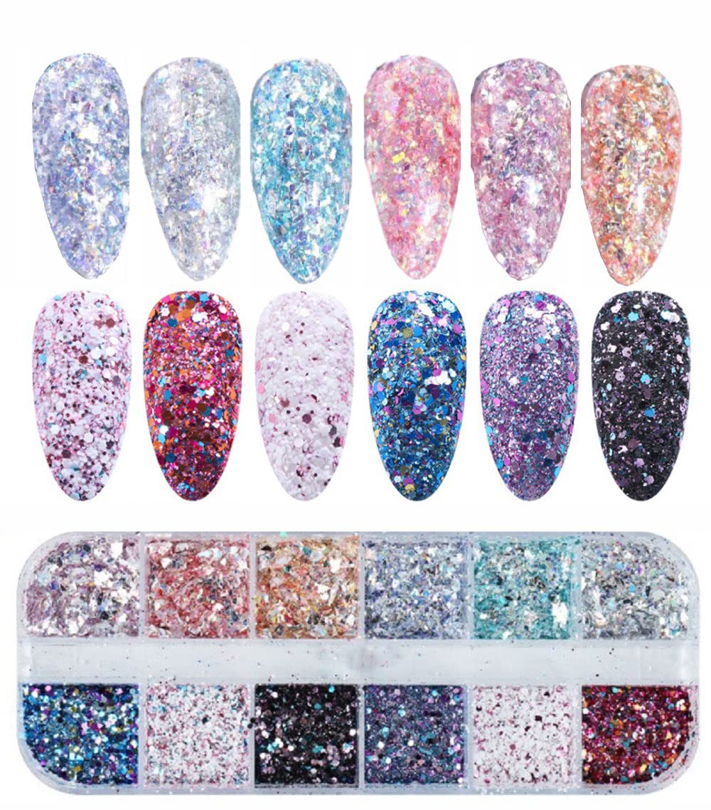 S.A.V.I 12 Grids Different Colors Aurora Glitter, Irregular Opal Flakes, Sequins Nail Art